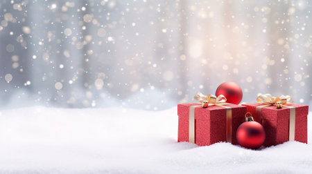 Panoramic image of gift box and red christmas balls on snow, copy spaceの素材
