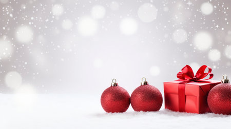 Panoramic image of gift box and red christmas balls on snow, copy spaceの素材