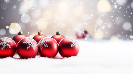Panoramic image of gift box and red christmas balls on snow, copy spaceの素材