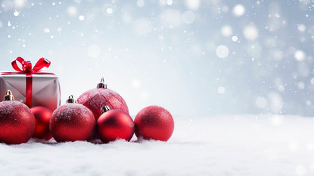Panoramic image of gift box and red christmas balls on snow, copy spaceの素材
