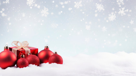 Panoramic image of gift box and red christmas balls on snow, copy spaceの素材