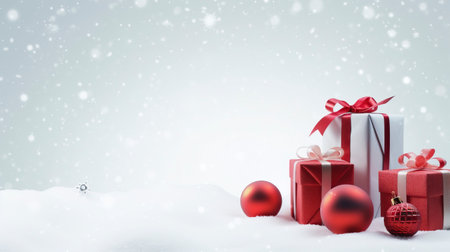 Panoramic image of gift box and red christmas balls on snow, copy spaceの素材