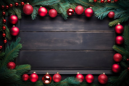 Fir tree branches with red christmas balls frameの素材