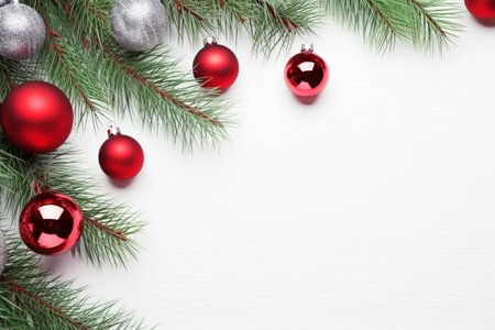Fir tree branches with red christmas balls frameの素材