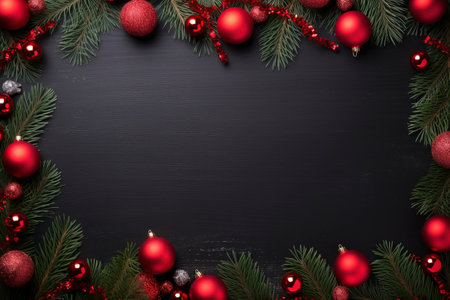 Fir tree branches with red christmas balls frameの素材