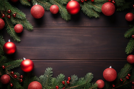 Fir tree branches with red christmas balls frameの素材