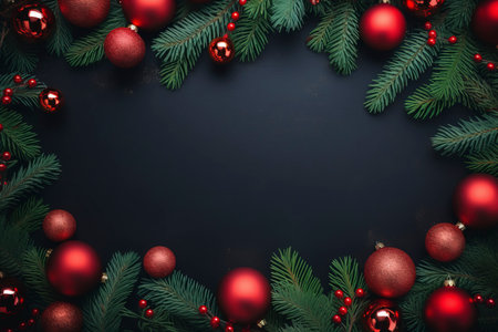 Fir tree branches with red christmas balls frameの素材