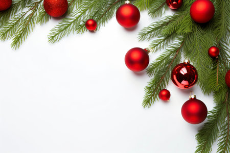 Fir tree branches with red christmas balls frameの素材