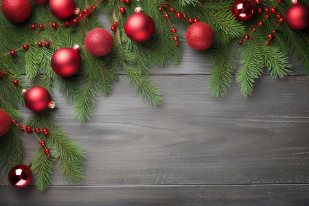 Fir tree branches with red christmas balls frameの素材