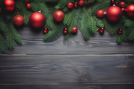 Fir tree branches with red christmas balls frameの素材