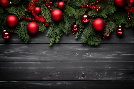 Fir tree branches with red christmas balls frameの素材