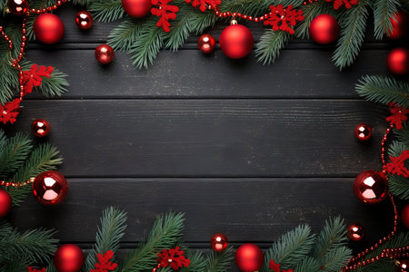 Fir tree branches with red christmas balls frameの素材