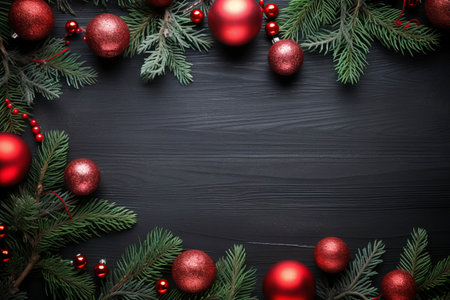 Fir tree branches with red christmas balls frameの素材
