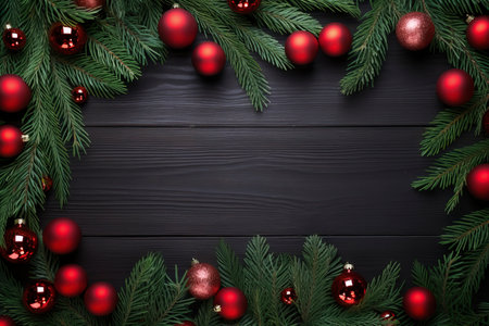 Fir tree branches with red christmas balls frameの素材
