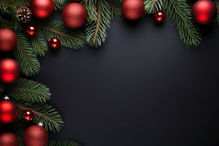 Fir tree branches with red christmas balls frameの素材
