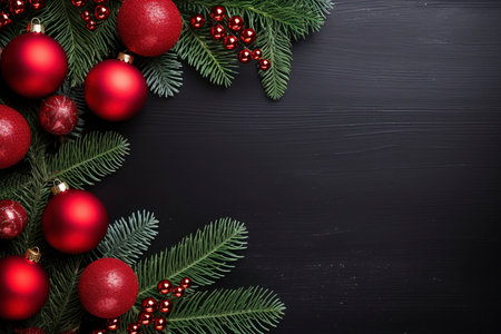 Fir tree branches with red christmas balls frameの素材