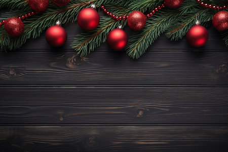 Fir tree branches with red christmas balls frameの素材