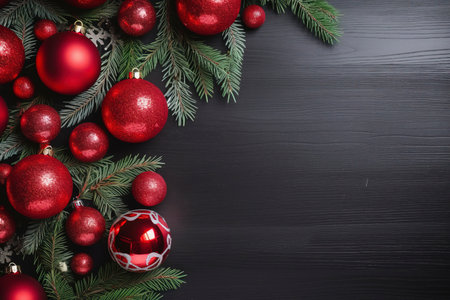 Fir tree branches with red christmas balls frameの素材