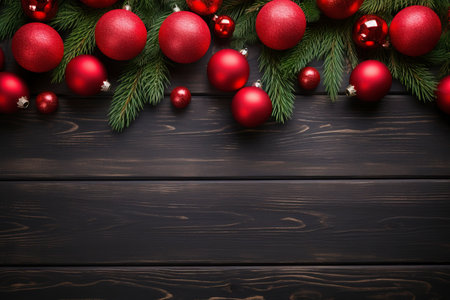 Fir tree branches with red christmas balls frameの素材