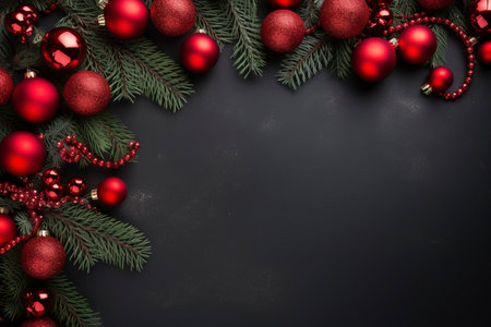 Fir tree branches with red christmas balls frameの素材