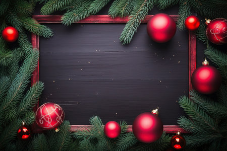 Fir tree branches with red christmas balls frameの素材