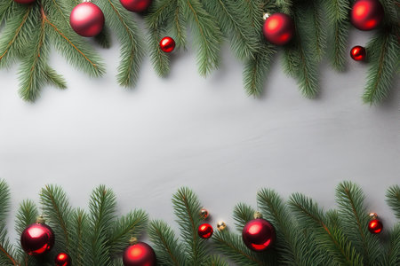 Fir tree branches with red christmas balls frameの素材