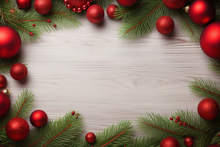 Fir tree branches with red christmas balls frameの素材