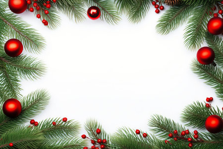 Fir tree branches with red christmas balls frameの素材