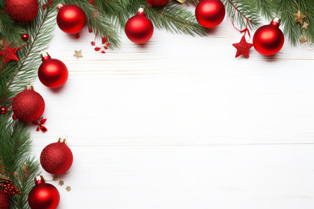 Fir tree branches with red christmas balls frameの素材