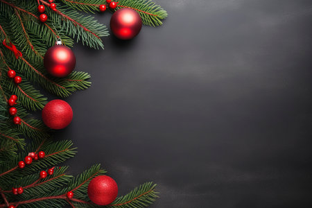 Fir tree branches with red christmas balls frameの素材