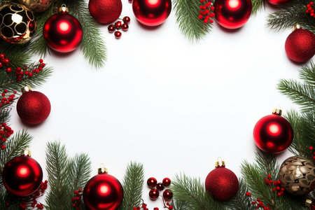 Fir tree branches with red christmas balls frameの素材