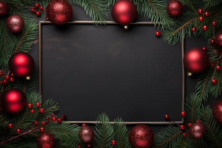 Fir tree branches with red christmas balls frameの素材