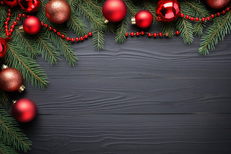 Fir tree branches with red christmas balls frameの素材