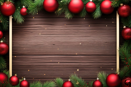 Fir tree branches with red christmas balls frameの素材