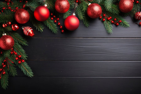 Fir tree branches with red christmas balls frameの素材