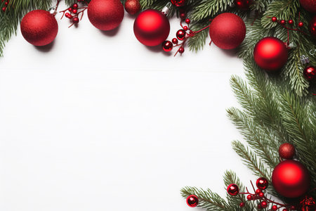 Fir tree branches with red christmas balls frameの素材