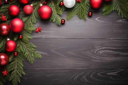 Fir tree branches with red christmas balls frameの素材