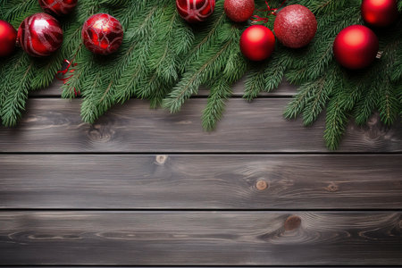 Fir tree branches with red christmas balls frameの素材