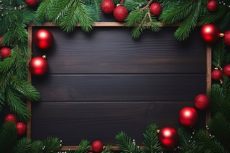Fir tree branches with red christmas balls frameの素材