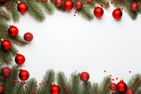 Fir tree branches with red christmas balls frameの素材