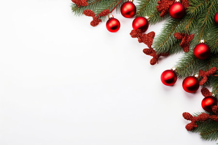 Fir tree branches with red christmas balls frameの素材