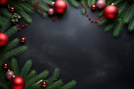 Fir tree branches with red christmas balls frameの素材