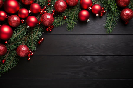 Fir tree branches with red christmas balls frameの素材