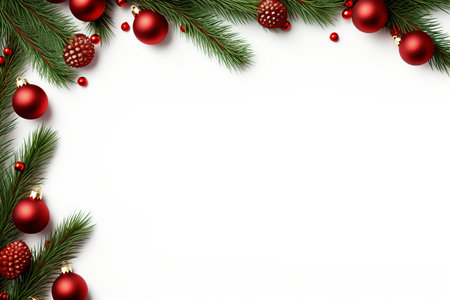 Fir tree branches with red christmas balls frameの素材