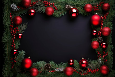 Fir tree branches with red christmas balls frameの素材