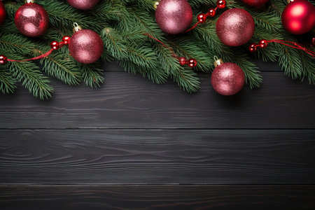 Fir tree branches with red christmas balls frameの素材