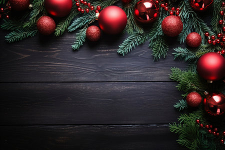 Fir tree branches with red christmas balls frameの素材