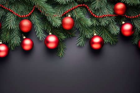 Fir tree branches with red christmas balls frameの素材