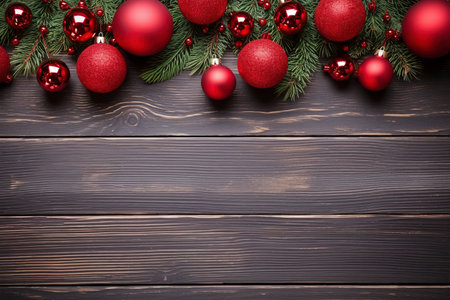 Fir tree branches with red christmas balls frameの素材