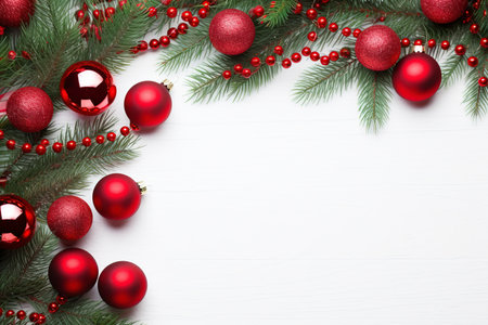 Fir tree branches with red christmas balls frameの素材